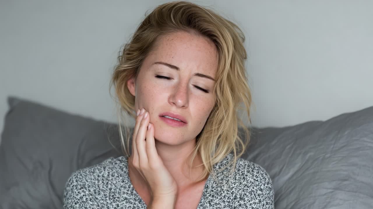 Expressing Discomfort: A Close-Up of a Woman Wincing While Focusing on a Painful Area on Her Face, Captured in Two Portrait Frames