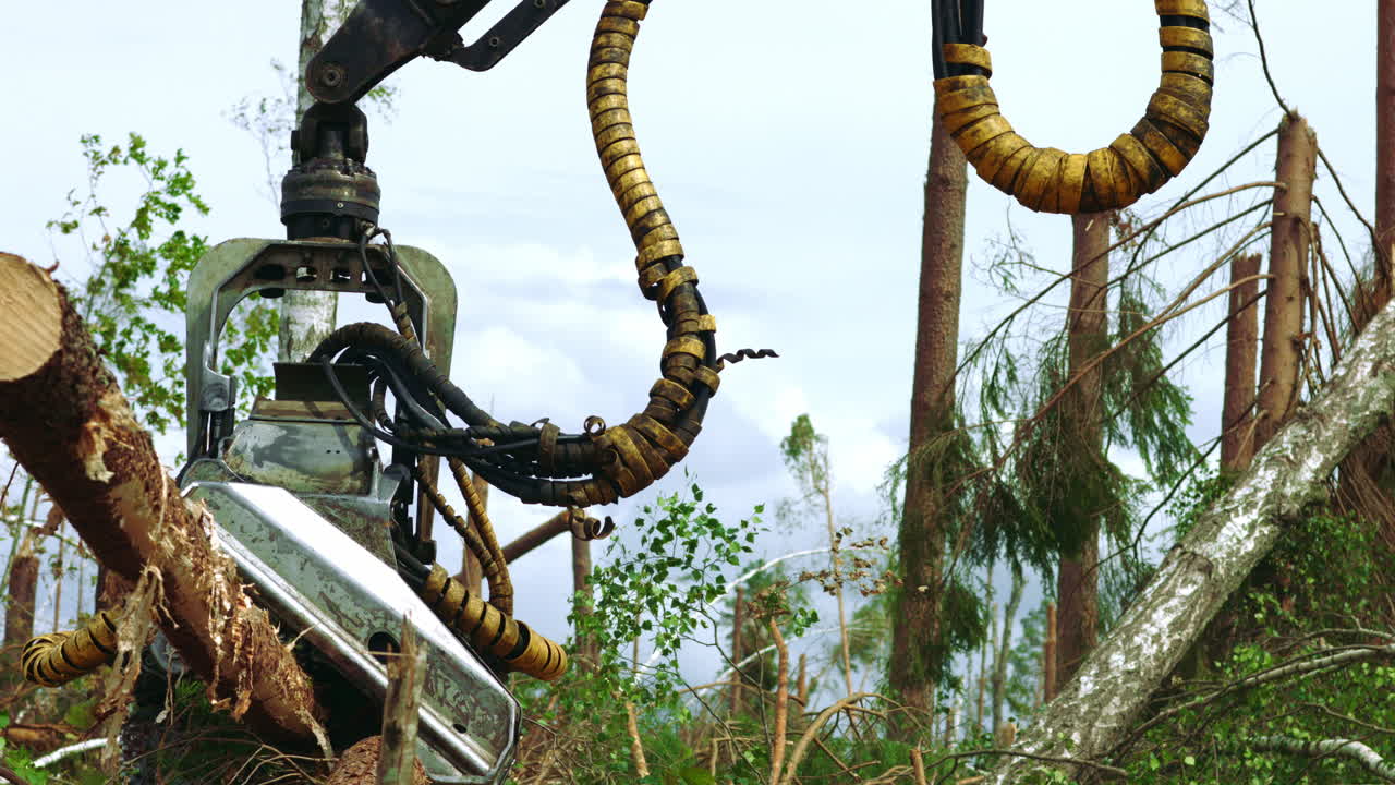 Macchina forestale con braccio robotico che solleva e sega un tronco nella foresta. Camion per il trasporto di legname al lavoro