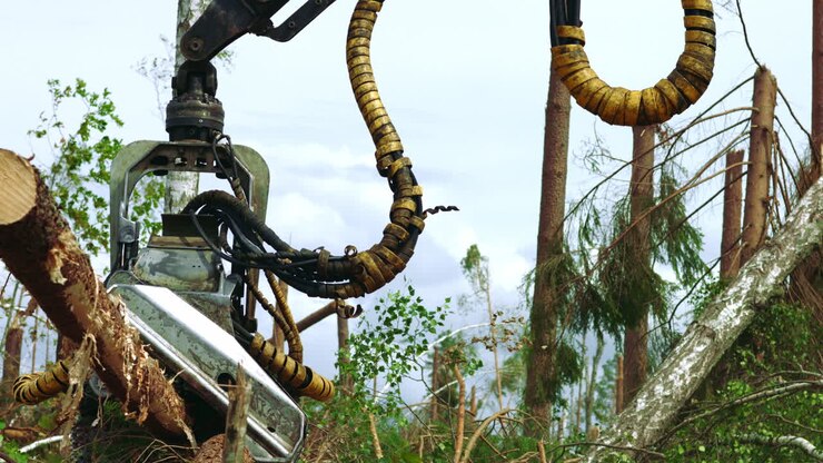 Macchina forestale con braccio robotico che solleva e sega un tronco nella foresta. Camion per il trasporto di legname al lavoro