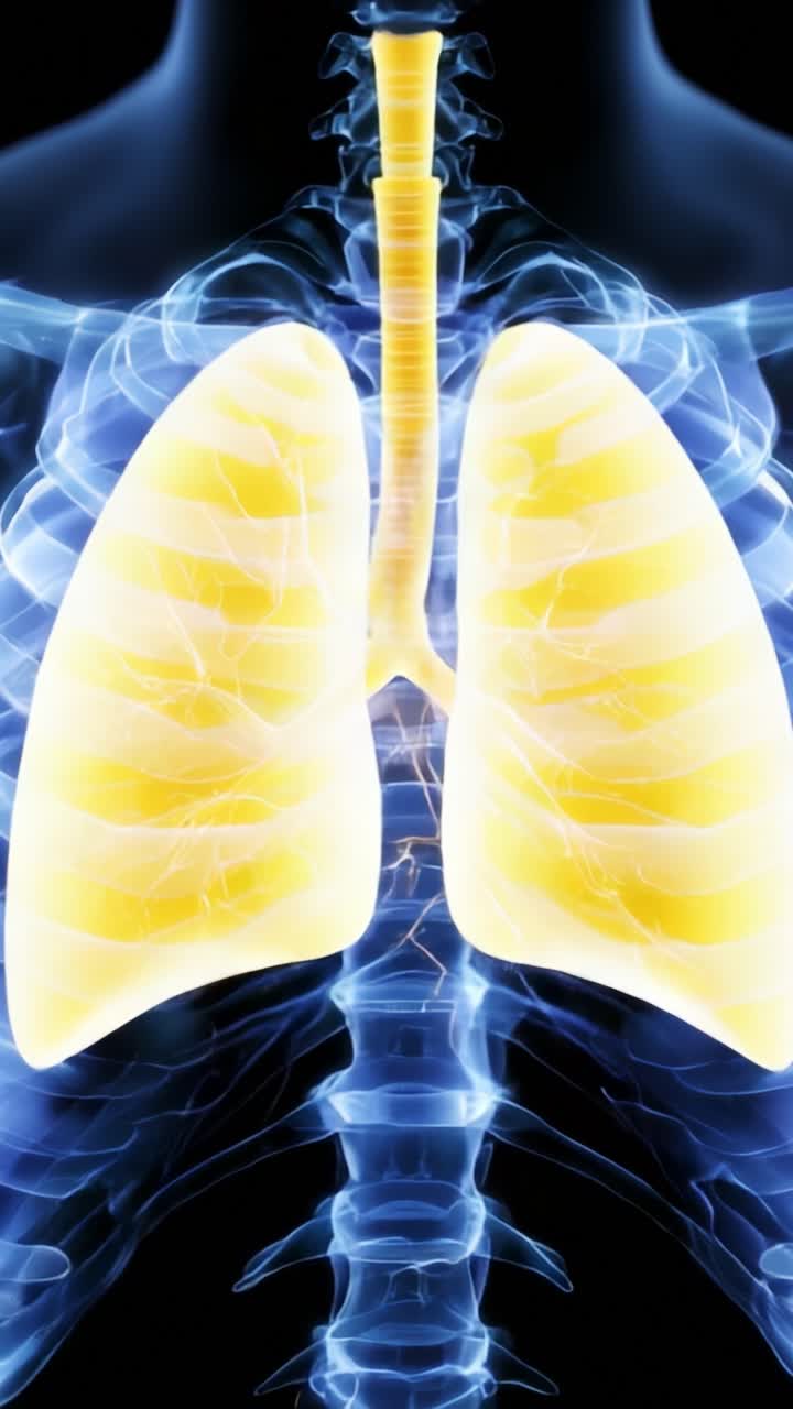 Illustrazione anatomica che mostra i polmoni umani e le strutture bronchiali in 3D con un bagliore radioso e una rappresentazione astratta della cavità toracica