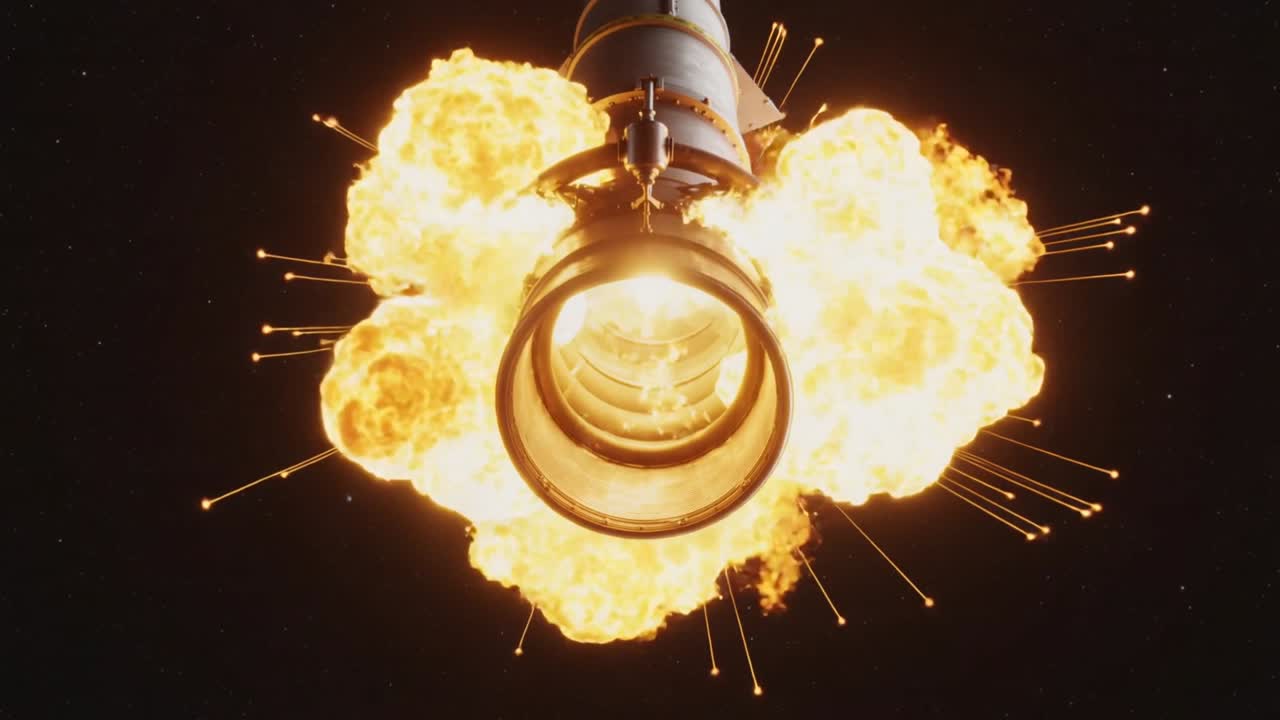 Sich verstärkender Abgasstrahl löst Detonationen aus, Raketendüse bildet Feuerbälle und Rauch im Weltraum.