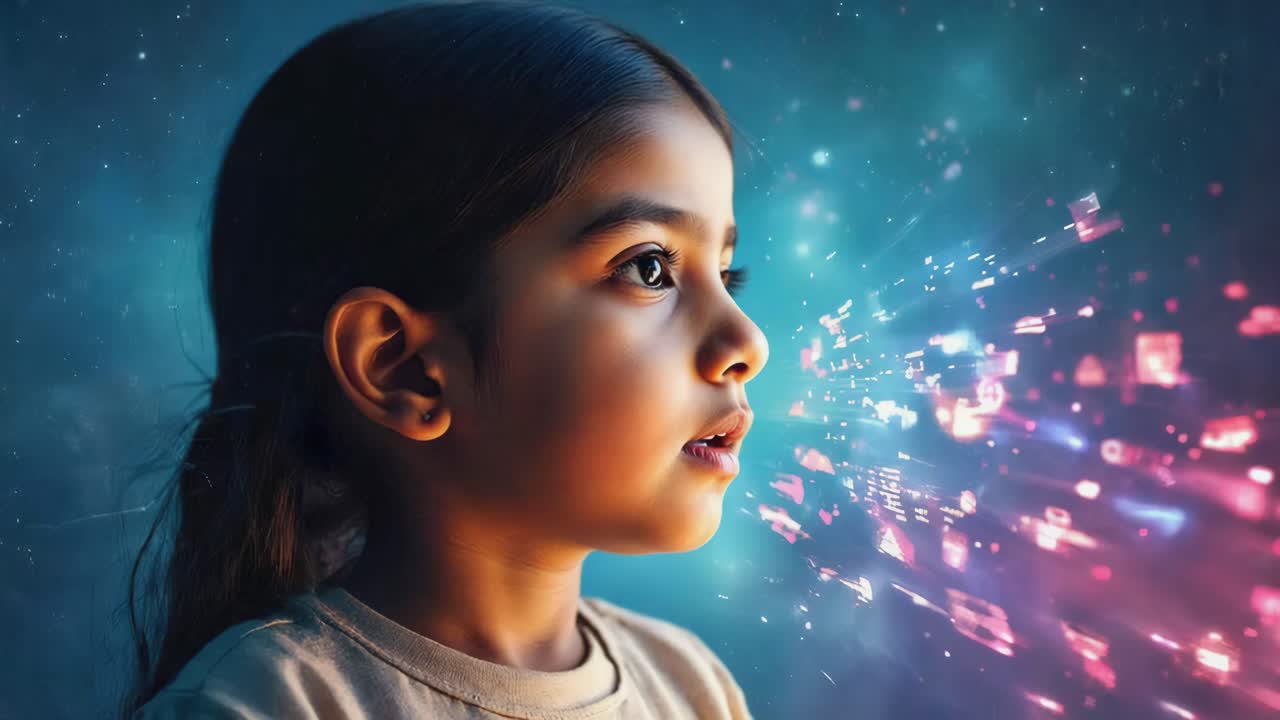 Young Girl Interacting with Futuristic Digital Light
