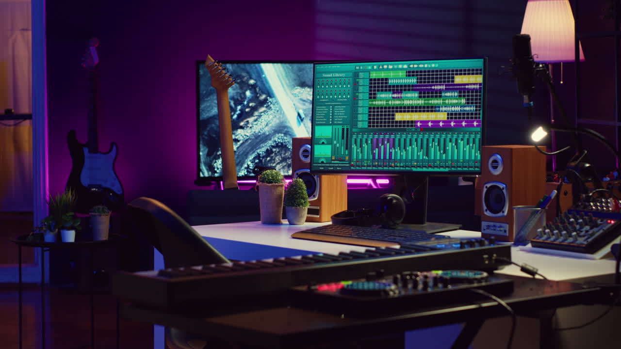 전자 장치로 음악과 소리를 생산하는 데 사용되는 빈 공간