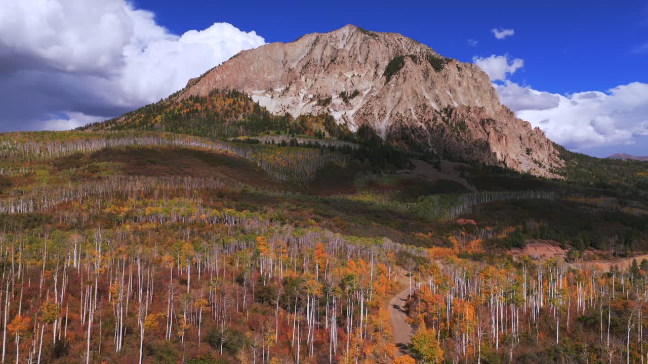 Marcellina Mountain Kebler Pass Ruby Peak Raggeds Wilderness Colorado, ripresa aerea con drone, pomeriggio soleggiato, autunno, nuvole, cielo blu, alberi di pioppo giallo colorato, Paonia Somerset Crested Butte, panoramica in avanti verso l’alto