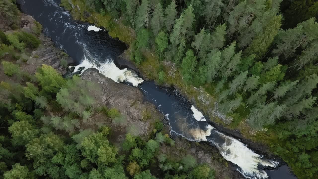 imágenes aéreas de una cascada de carelia kivach, corriente de agua completa sobre la parte superior, hermosa naturaleza, espuma en el agua
