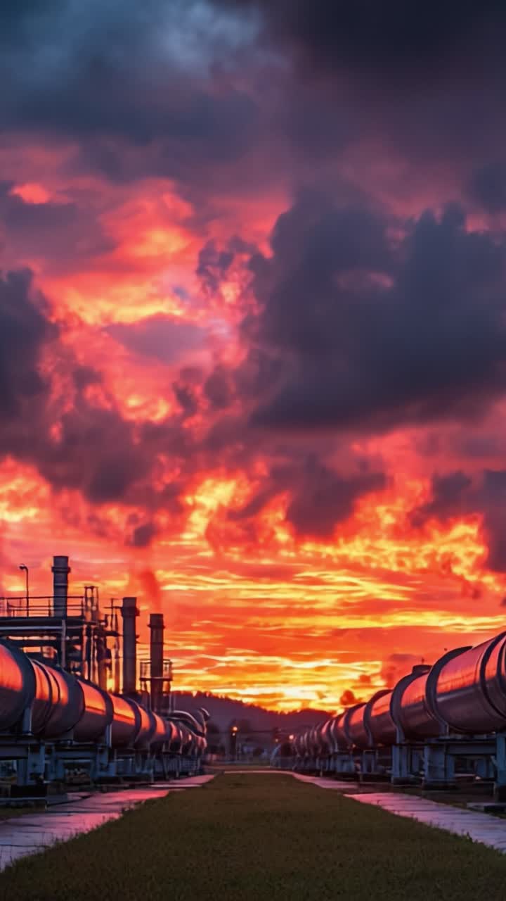 Impresionante paisaje industrial al atardecer, mostrando cielos vibrantes e infraestructura silueteada en medio de un telón de fondo ardiente de nubes y un horizonte colorido