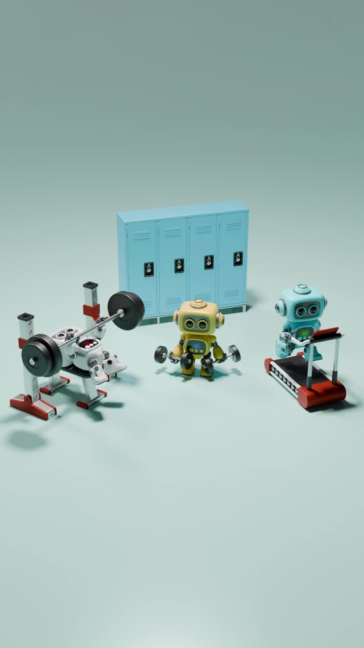 Robots Working Out in a School Gym