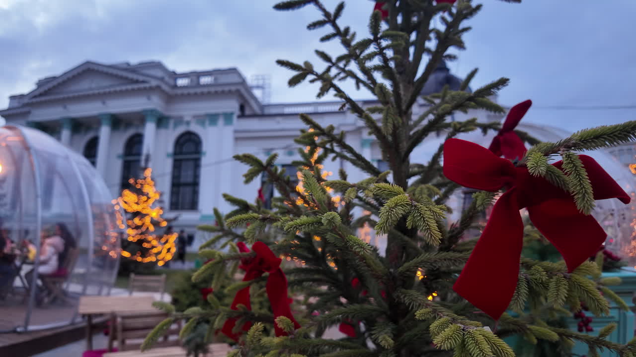 Red christmas decorations with fir tree branch in the evening