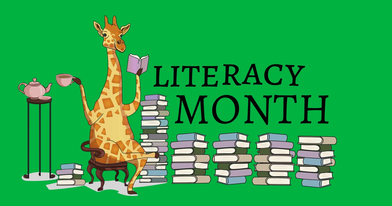 Giraffe reading a book while drinking coffee and stack of books against transparent background