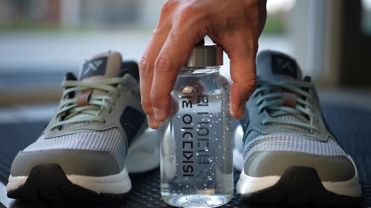 Reaching bare hand grasping clear reusable bottle, lifting from mat at gym near sneakers to hydrate