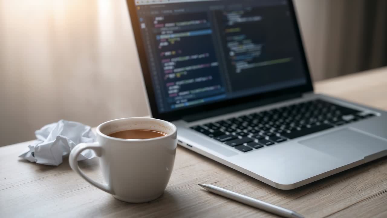 Kameraet skifter, viser en dampende kaffekop ved siden af en bærbar computer, kuglepen og papir på et skrivebord til arbejde, med plads til tekst.