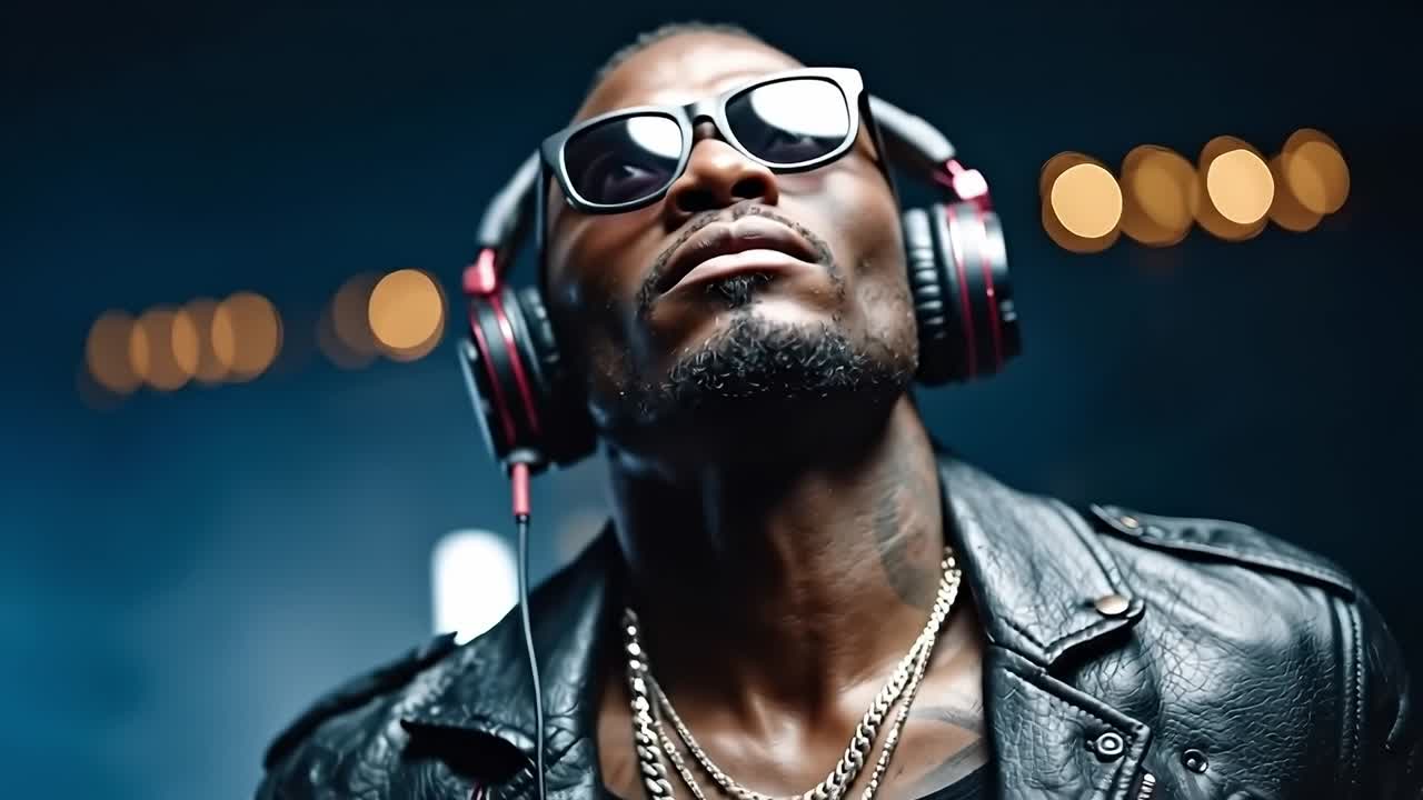 un hombre con una chaqueta de cuero y gafas de sol con auriculares