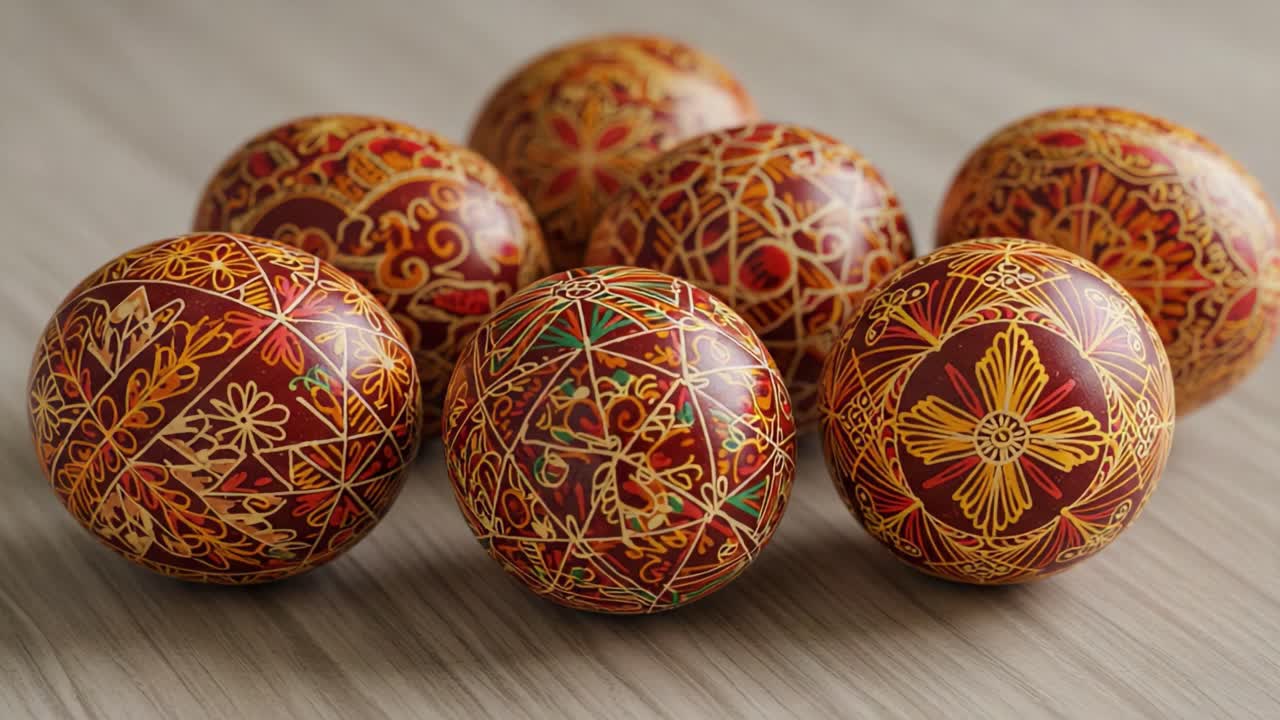 Vibrantly Decorated Eggs Showcasing Intricate Patterns and Brilliant Colors, Perfectly Arranged to Highlight Cultural Significance and Artistic Craftsmanship