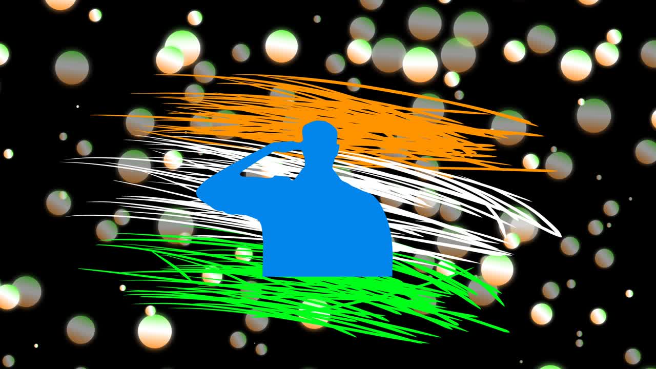 움직이는 발 색의 원과 함께 인도 발 배경에 인도 군인을 인사합니다. 인도 휴가에 대한 개념.