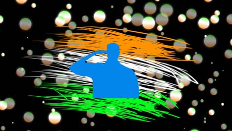saludando al soldado indio en el fondo de la bandera indio con círculos de color de bandera en movimiento. concepto para vacaciones indias.