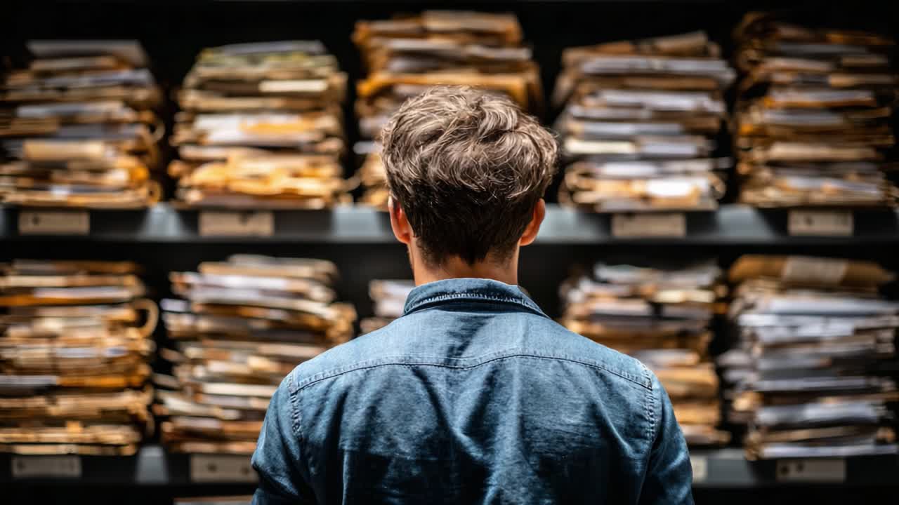 A Person Examines a Wall of Organized Paper Files, Contemplating the Information and Records Stored Within, Surrounded by an Atmosphere of Research and Discovery