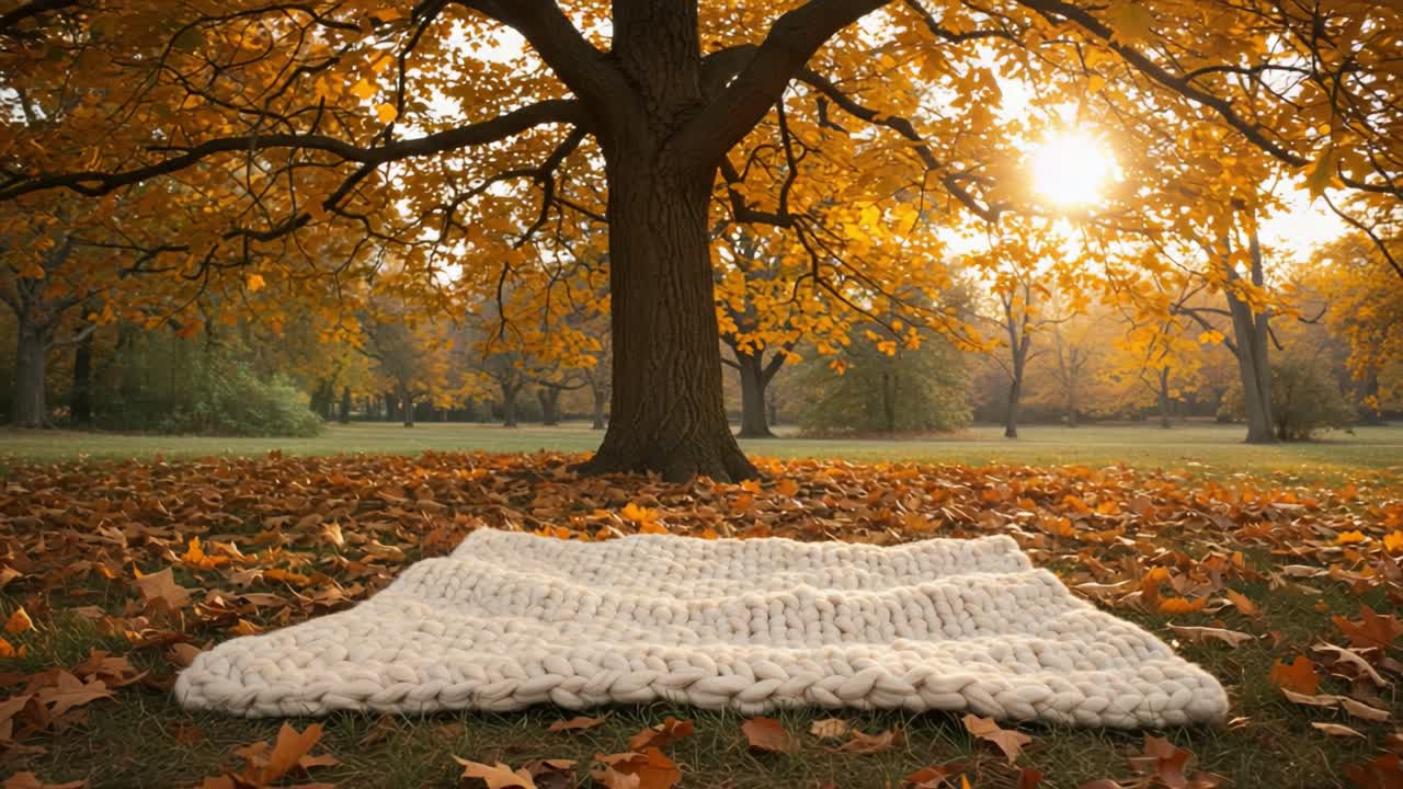 Cozy Autumn Scene: A Warm Blanket Nestled Underneath a Majestic Tree Surrounded by Vibrant Fall Foliage and Soft Sunlight