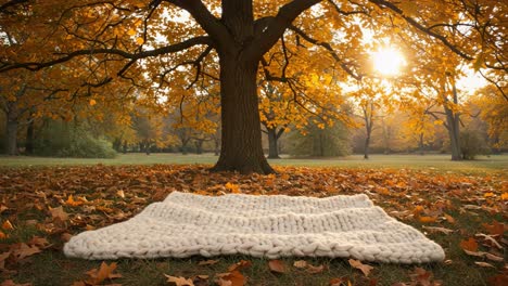 cozy autumn scene: a warm blanket nestled underneath a majestic tree surrounded by vibrant fall foliage and soft sunlight