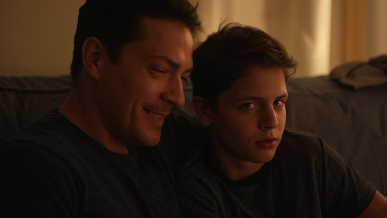 Leaning father placing arm around son on couch at home, posing, son turning, becoming guarded