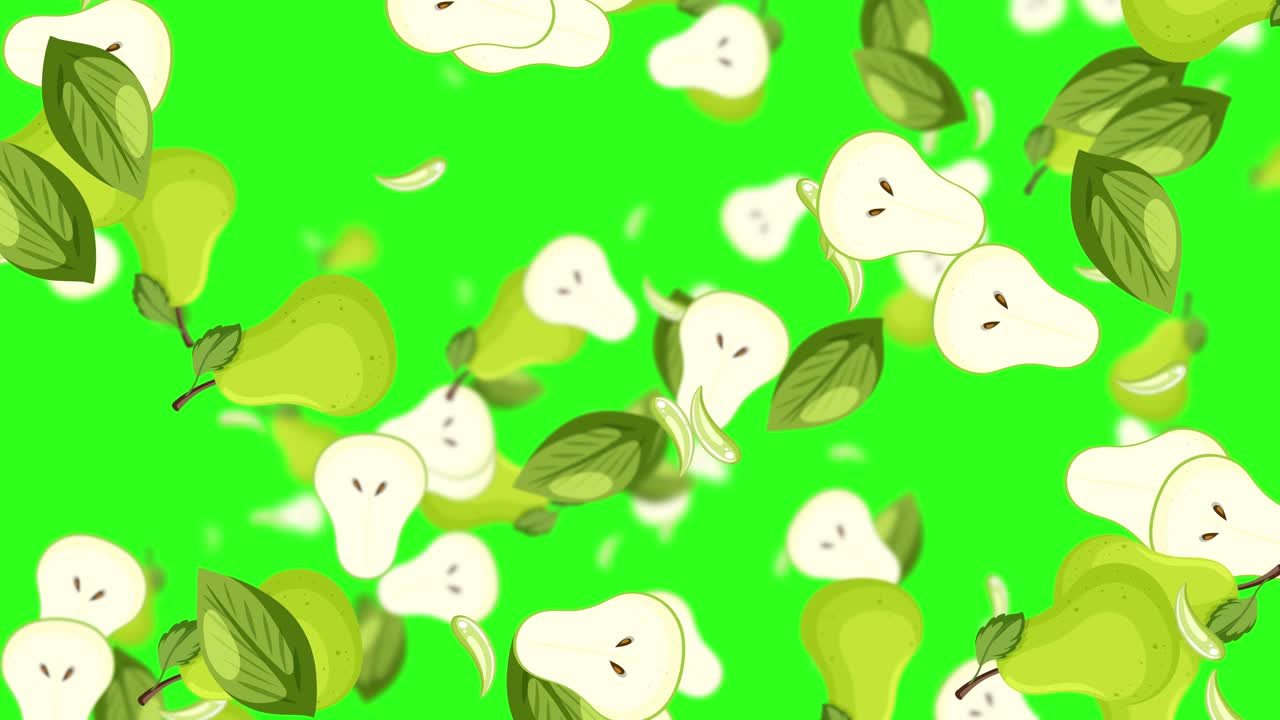 peras y hojas cayendo contra un telón de fondo verde