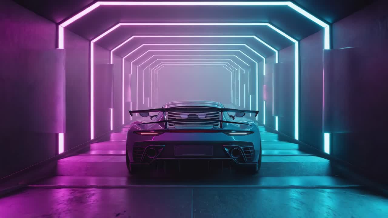 Futuristic Sports Car in a Neon-Lit Tunnel