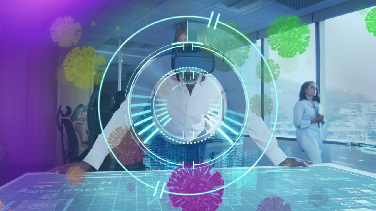 animación de células covid de escáner giratorio sobre el hombre en auriculares vr trabajando en la oficina