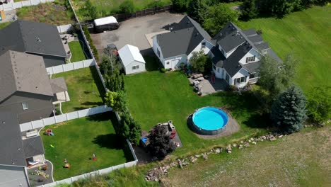 aerial shot of a private home with an above ground pool