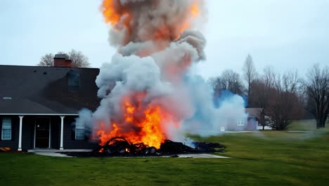 firefighters practice extinguishing a controlled burn in the yard of a large residential property, enhancing their training skills