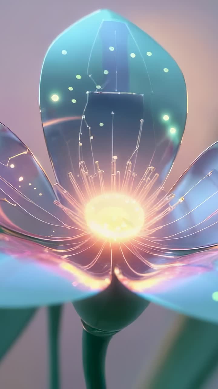 Video verticale: nucleo pulsante di un fiore metallico che causa la piegatura dei petali, filamenti retrattili in studio