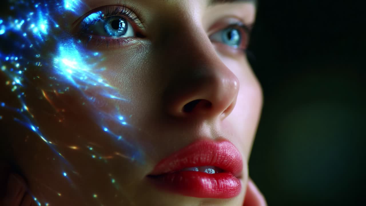 A Captivating Glimpse into a Woman's Face Illuminated by Sparkling Light Effects, Showcasing the Beauty of Her Eyes and Lips Amidst a Soft Focus Background, Creating an Enchanting Visual Experience