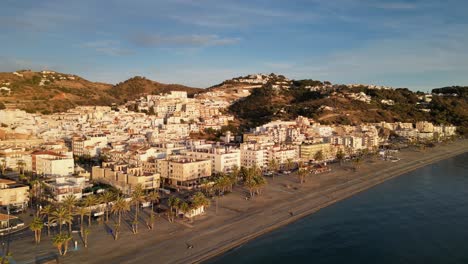 La-Herradura-beach-and-boulevard-in-Almunecar,-Granada,-Spain---Aerial-4k