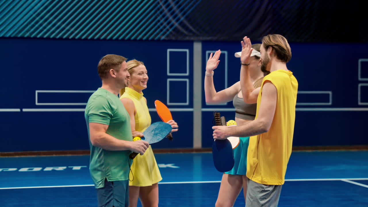 Two men and two women high-fiving after playing pickleball on a blue, inside court