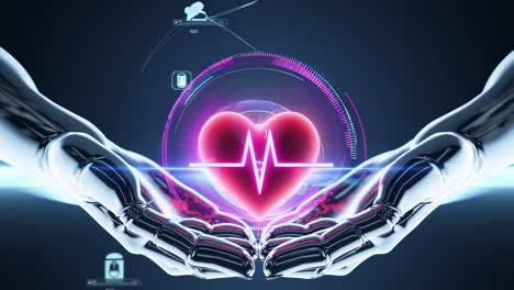robot hands holding a heartbeat icon