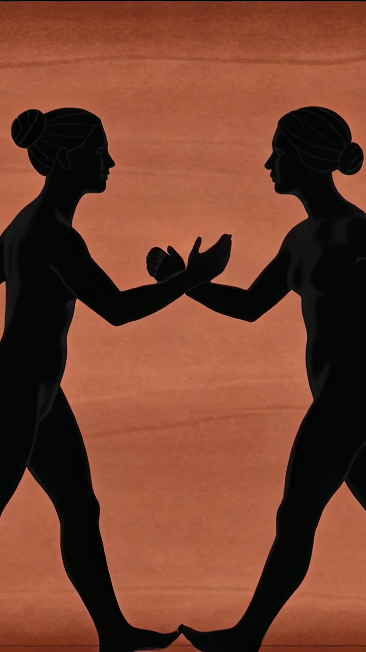 Vertical video: Entering arms, two figures stepping closer greeting at terracotta wall, embracing