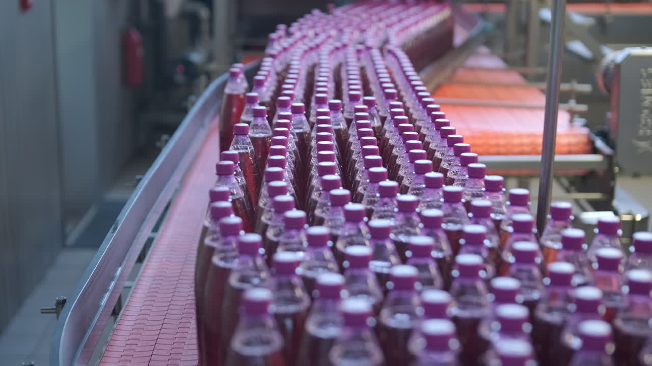 Plastic Bottles of Beverage Moving on Factory Conveyor Belt
