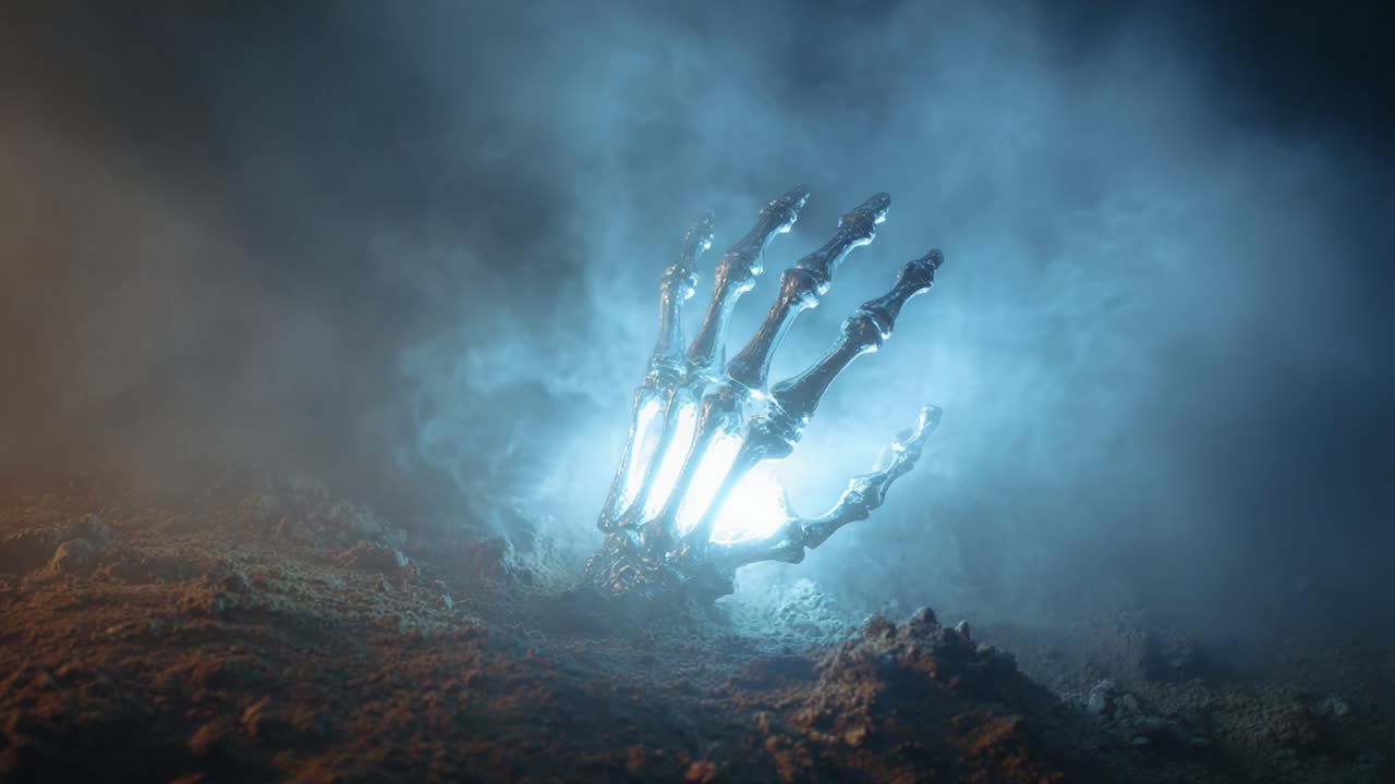 A Mysterious Discovered Hand Skeleton Illuminated by an Eerie Light, Emerging from the Ground in a Foggy Atmosphere, Capturing a Haunting Scene of the Unknown