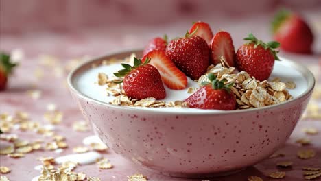 strawberry oat breakfast bowl. a bowl of yogurt with strawberries and oats on a pink background, surrounded by scattered oats.