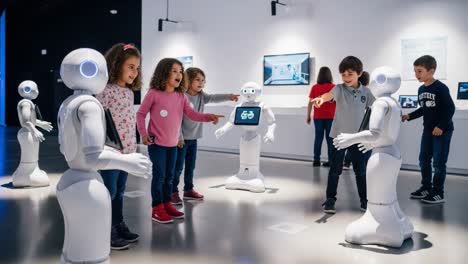 children interact with friendly robots in a modern exhibit, engaging in playful learning and exploring robotic technology together in an innovative environment