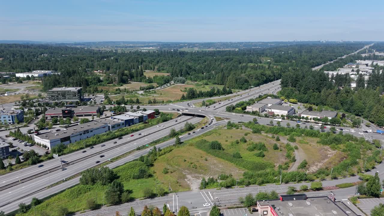 Trans-Canada Highway Near Cineplex Cinemas Langley In Langley Township, British Columbia, Canada. Aerial Shot