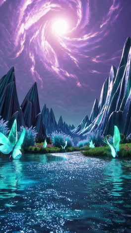 enchanted crystal valley with luminous butterflies