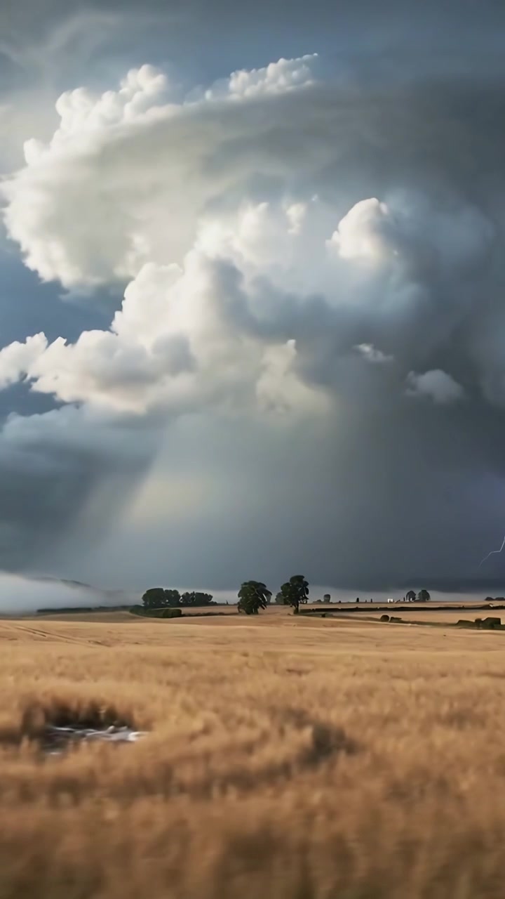 Vertikal video: Opvind dannes, stormkernen sænker sin base og sender regn over kornmark, træer.