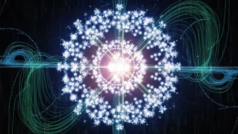 a captivating visualization of energy waves and particles, illustrating the complex interactions in a vibrant, abstract cosmic dance of light and structure
