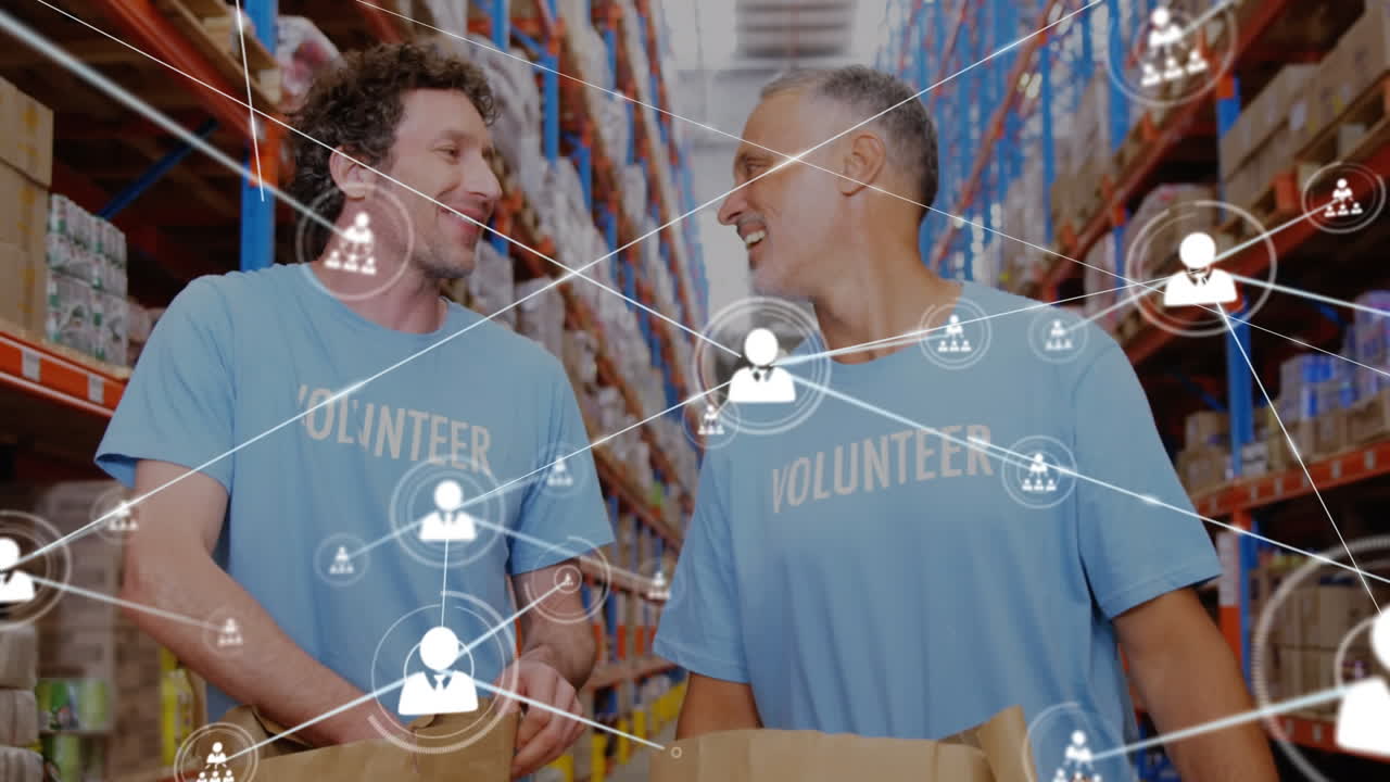 Animation of network of profile icons over two diverse male volunteers high fiving each other