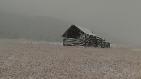 open space evergreen colorado first snow grassy field red brown horse barn aerial drone fall autumn winter blizzard snowy rocky mountain front range denver historic town slider right motion