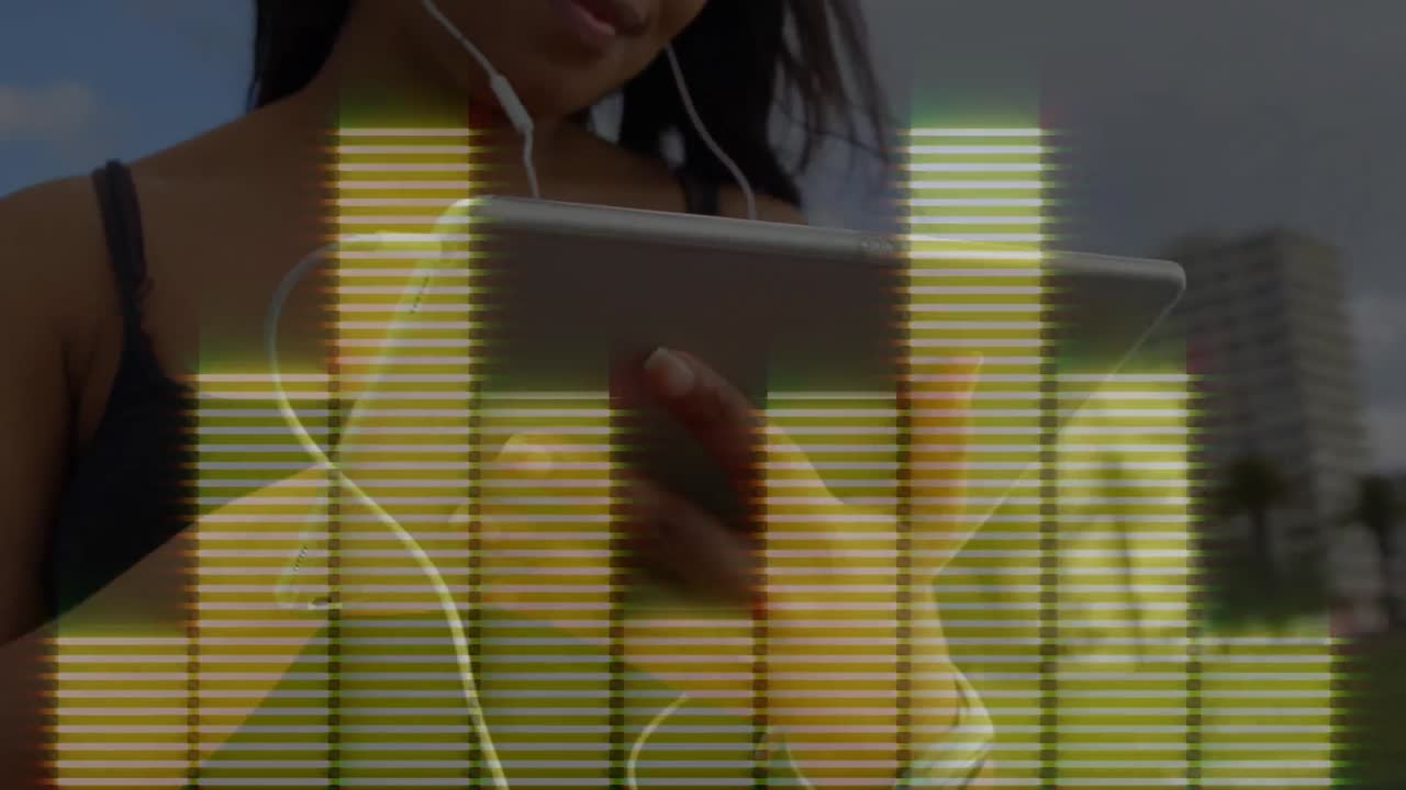 interfaz digital del ecualizador de música contra la mujer usando tableta digital