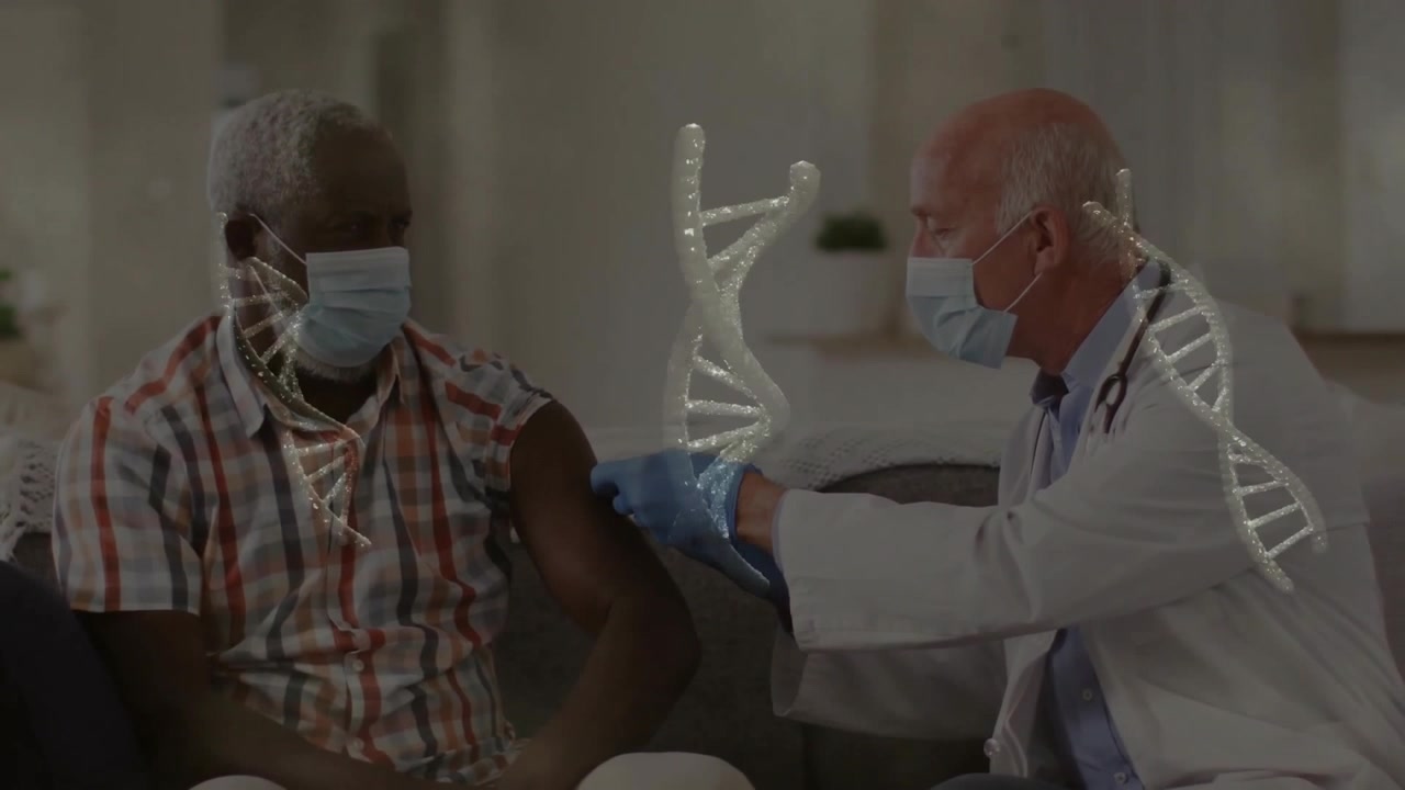 Doctor pulling gloves and injecting vaccine into arm after DNA swirling highlighting medical care