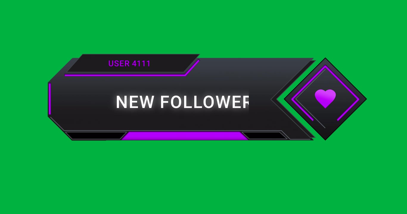 Animazione di uno schermo con testo "nuovo follower" e interfaccia digitale su sfondo trasparente.