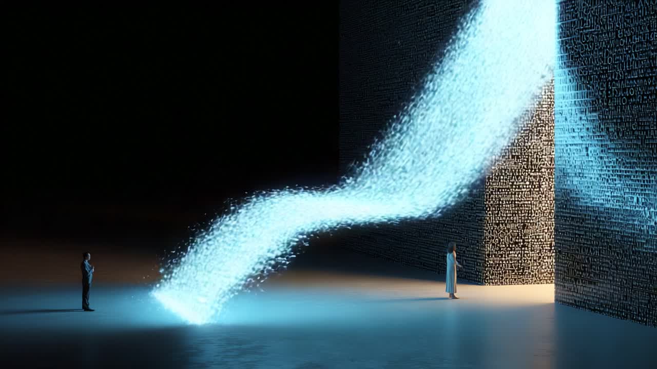 A mesmerizing depiction of two figures standing before a towering structure, with a luminous stream of light or data flowing towards them, symbolizing knowledge and discovery in a digital realm