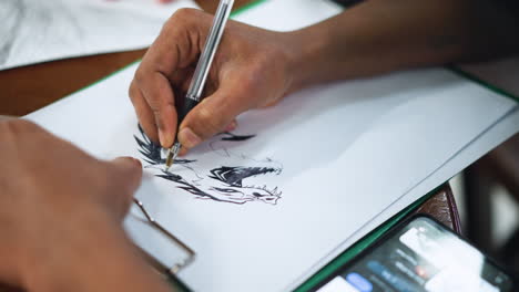 closeup of intricate dragon horn sketch drawn with ink highlighting textured scales curved form and sharp tip over smooth paper surface under soft studio lighting capturing mythical creature design