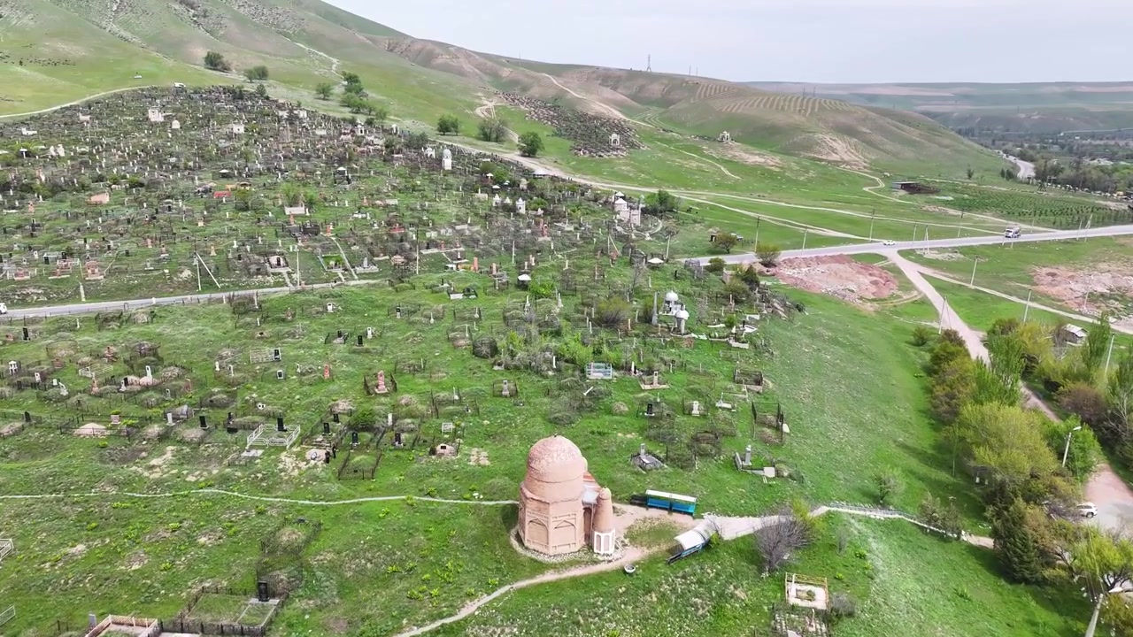 Traditional Kyrgyz Cemetery and Baitik Mausoleum, Aerial Heritage Landscape. Bishkek